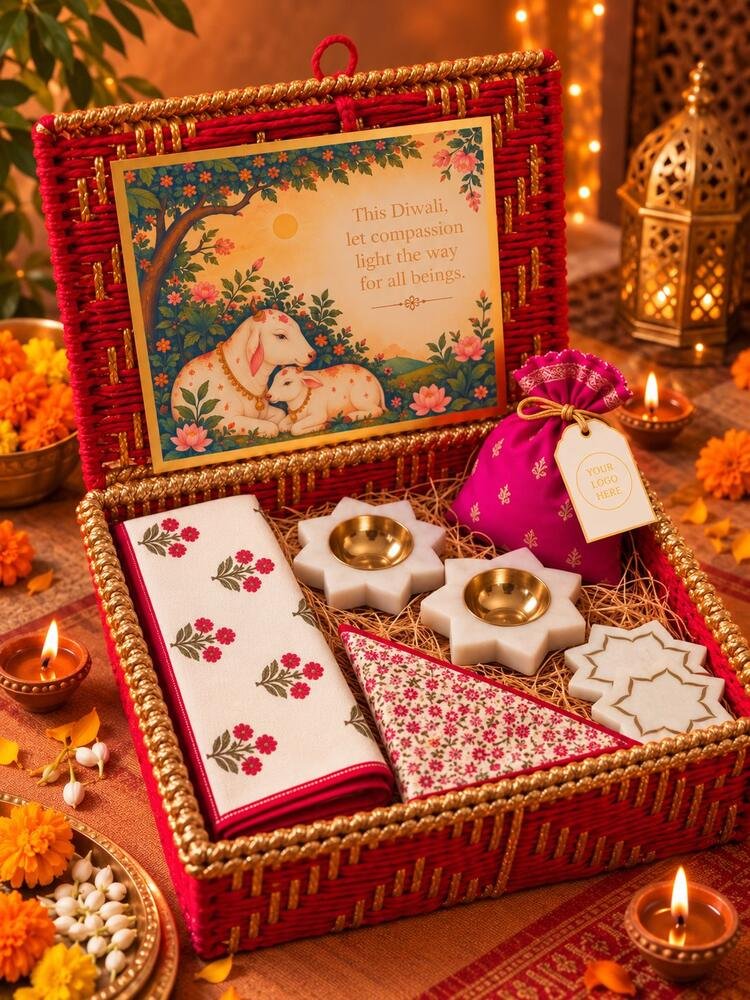 The Ahimsa Box in a red and gold handwoven basket with a runner, marble diyas, a potli and a greeting card