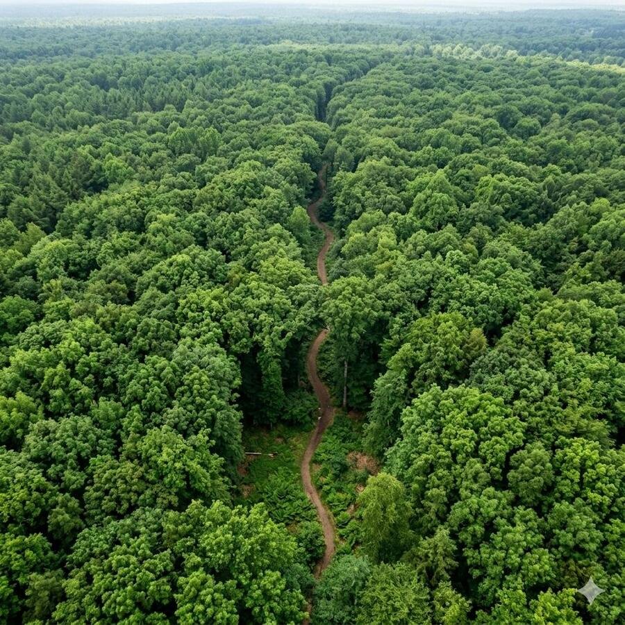 Aerial view of dense green forest with a narrow path winding through it