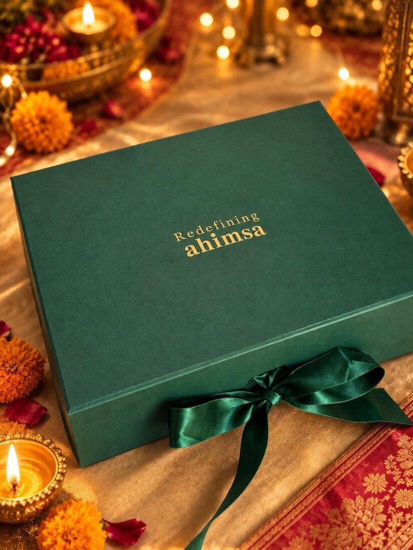 A forest-green Redefining Ahimsa gift box with a satin ribbon, among marigolds and diyas