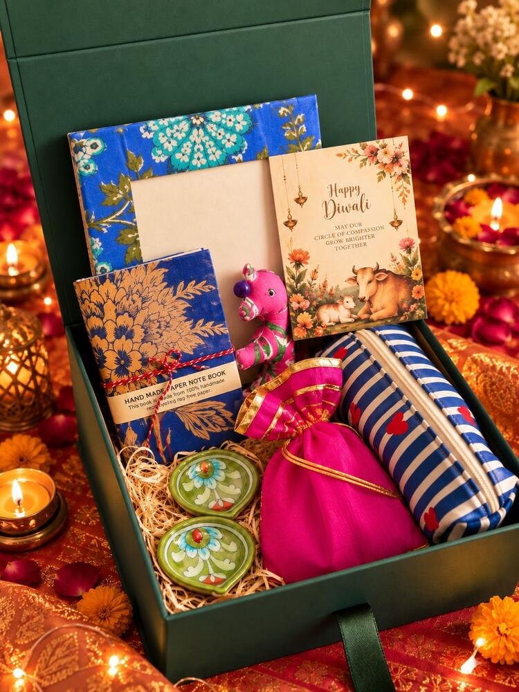The Karuna Box open, showing a diary, pottery diyas, a potli, a striped pouch, a keychain and a greeting card