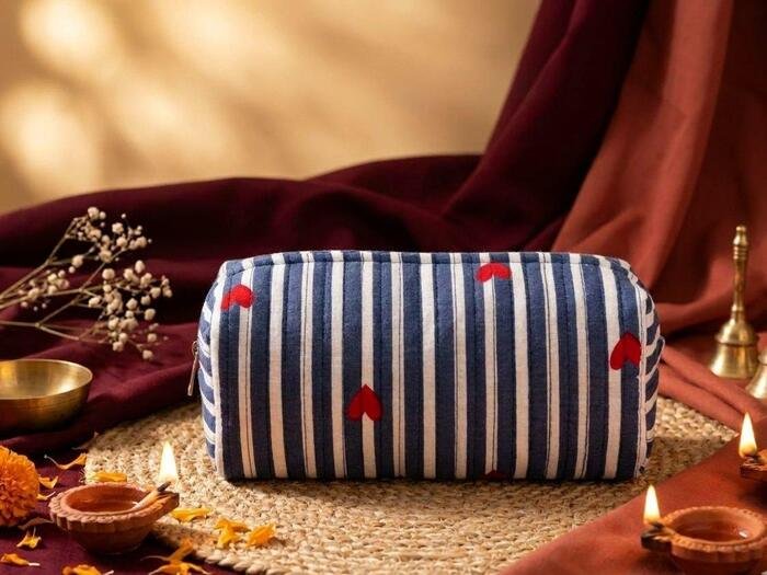 Blue stripe pouch with red hearts