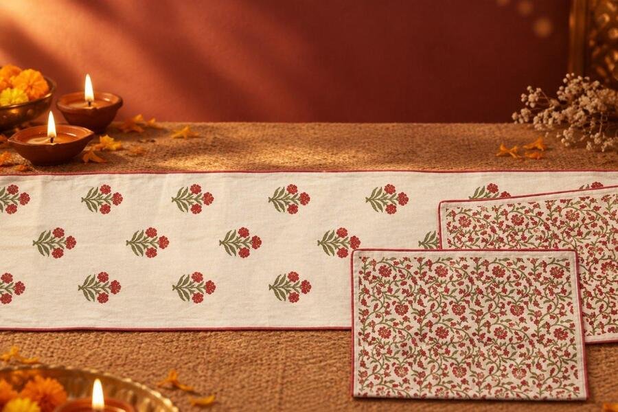 Block-printed table runner with mats